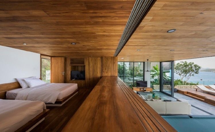 vietnam luxury house open air bedroom with wood panels