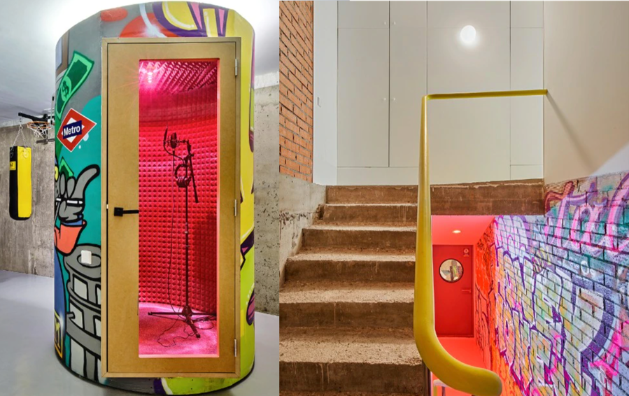 Colorful street-art inspired recording studio and vocal booth in the Studio Animal-designed 