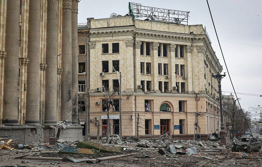 Destroyed cultural center in the Ukrainian city of Kharkiv.