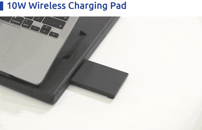 A wireless phone/tablet charger pops out of the side of the TopWork All-in-One Workstation.