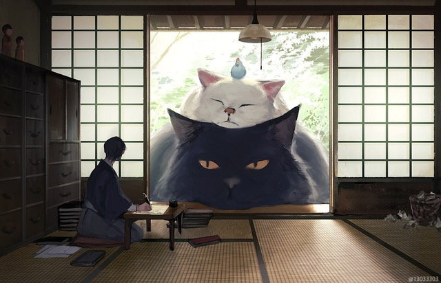A digital painting by Monokubo depicting two giant cats napping on a person's doorstep.