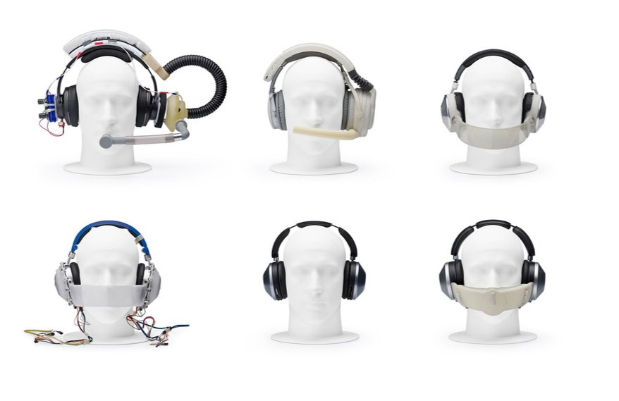 Former prototypes of the Dyson Zone air purifying headphones.