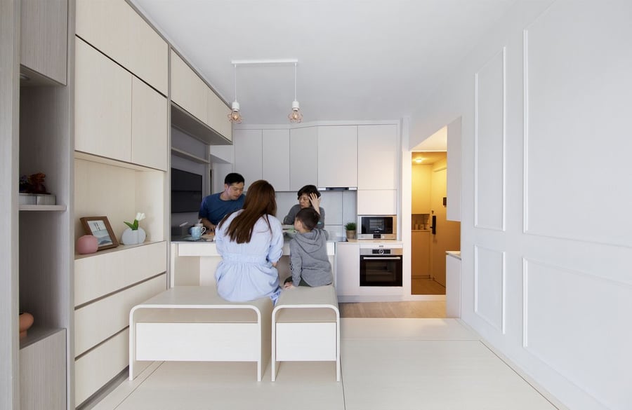 A dining table and benches also come out of the Smart Zendo apartment's many nooks and crannies, allowing the inhabitants to come together and eat each and every night.