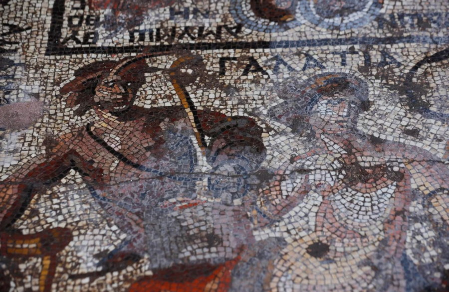 Close-up view of the intricate Trojan War heroes depicted on the long-lost Roman mosaic.