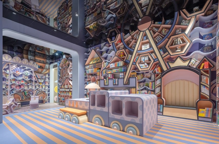 Colorful storybook-like children's area in the X+Living-designed Shenzhen Zhongshuge bookstore.