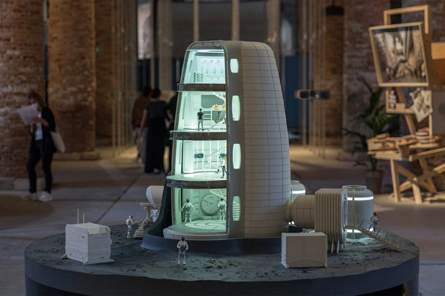 Tabletop model for the tower modules that would make up SOM's Moon Village, as displayed at the 17th International Venice Biennale.