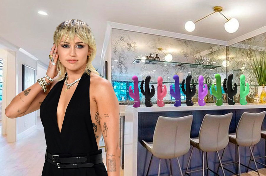Mashed up image of pop superstar Miley Cyrus alongside some colorful decor dildos. 
