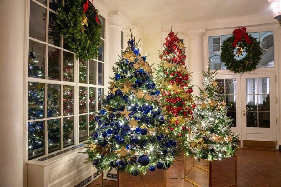 2022 White House holiday Christmas trees feature Gold Star ornaments inscribed with the names of fallen service members.