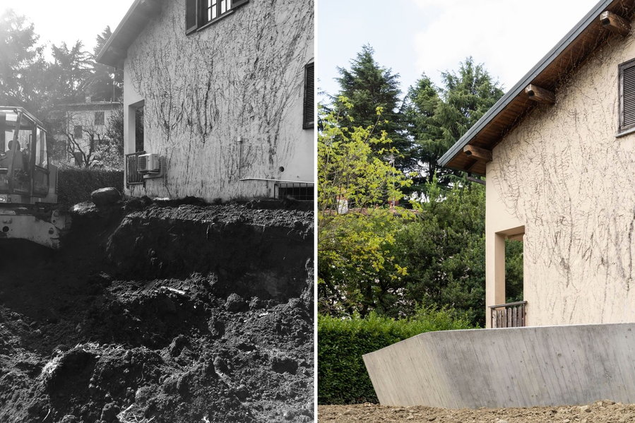 Before and after shots of the Northern Italian home whose basement was recently converted into a sunken courtyard by Last Studio. 
