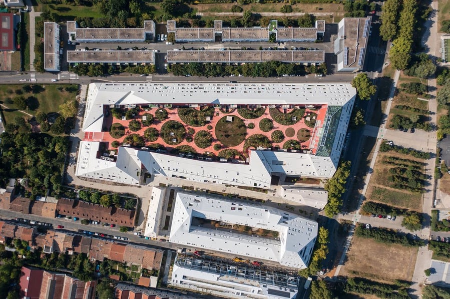 Aerial view of MVRDV's Ilot Queyries apartment building in Bordeaux, France. 
