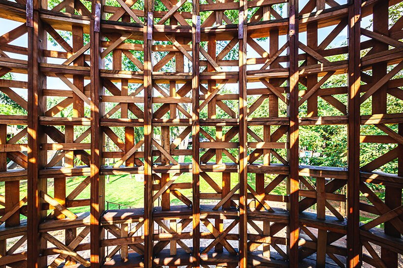 Timber latticework that makes up the bulk of the 2021 Design Prize-winning rice tower. 