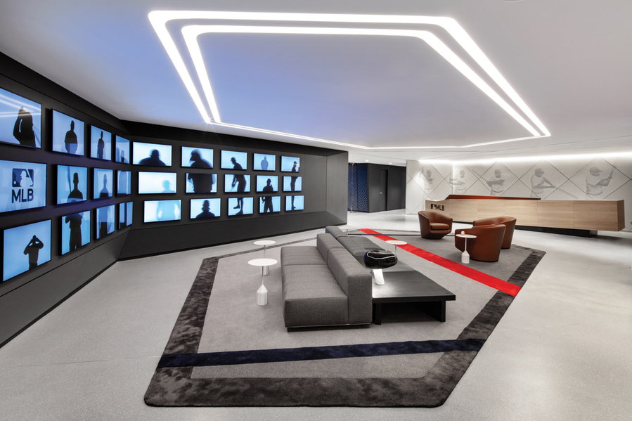 Spacious, modern media room inside the Studios Architecture-designed Major League Baseball headquarters. 
