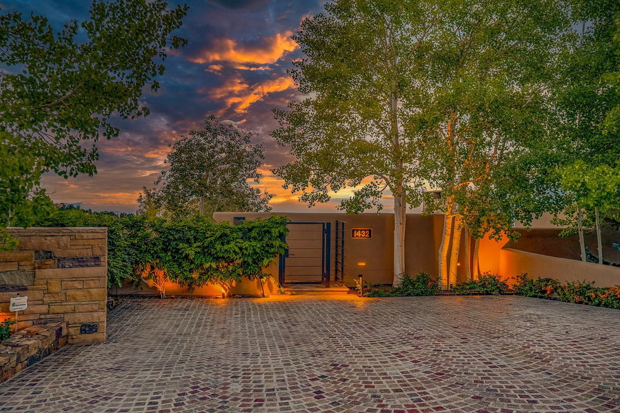 Intimate entryway to 1432 Old Sunset Trail, a sprawling Santa Fe mansion currently on the market for $8.5 million.