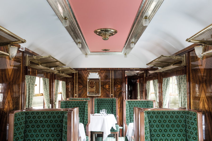 Pastel pink ceiling inside the Wes Anderson-restored Cygnus train carriage for London's Belmond British Pullman train.