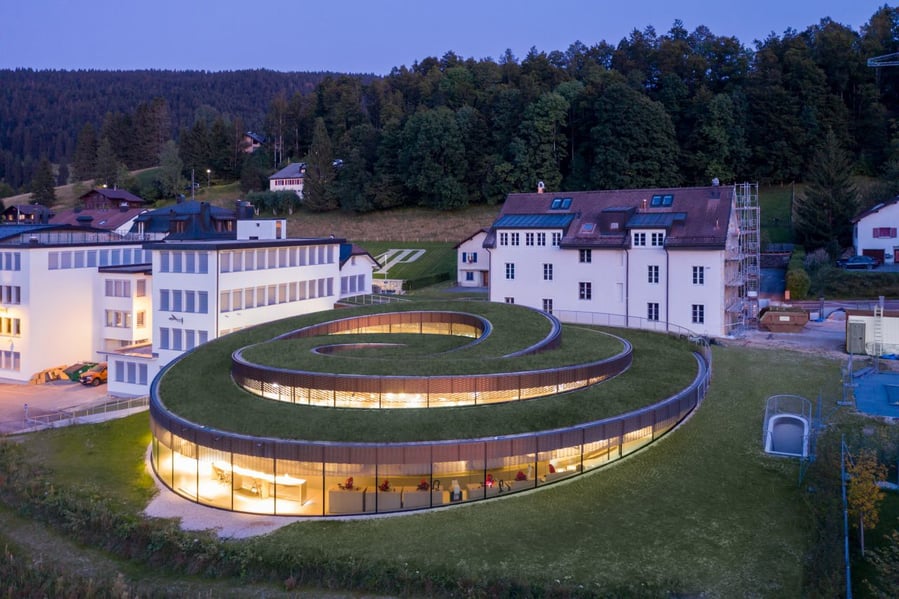 This spiraling, grassy surface makes up the new Museé Atelier Audemars Piguet's rooftop.
