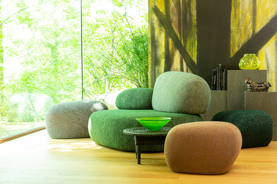 Small green and brown Pebble Rubble sofas evoke the vibrance and tranquility of nature. 