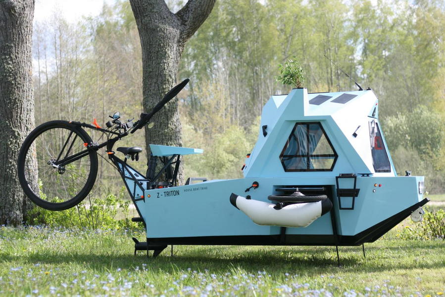 The frontmost tricycle part of the camper easily folds up and down for quick transformations. 