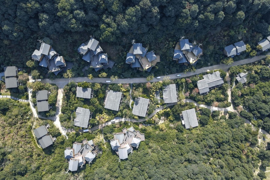 Aerial view of the WH Studio-designed Stacked Treehouse Cabins at China's Xiaoshan Xianghu Resort.