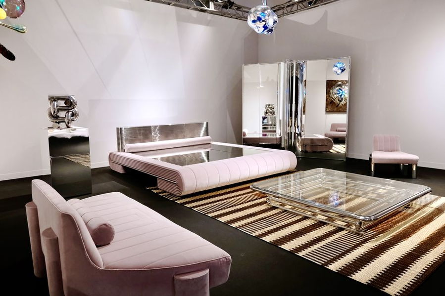 Sexy mirrored bedroom display by Mark Grattan at the 2022 Design Miami/ fair.