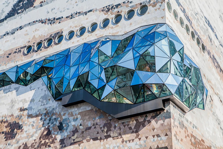 Close-up of the billowing glass additions to the Galleria's otherwise stone exterior. 