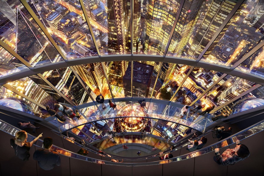 Tourists look through transparent platforms inside the proposed Tulip Tower.