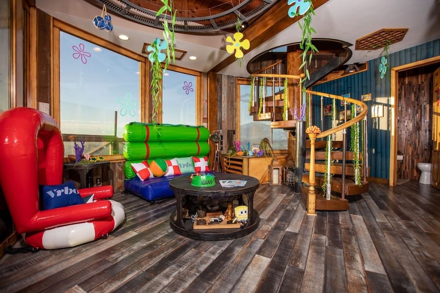 Inside the ground floor of Vrbo's new Spongebob Squarepants-Themed Vacation Rental in Huntington Beach, CA.
