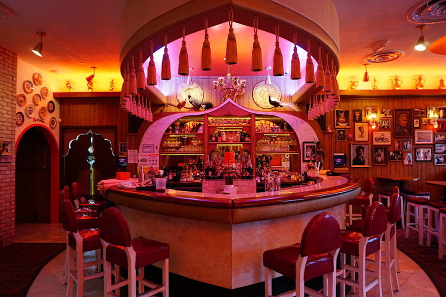 Kitschy, nostalgic feeling bar area inside the re-created Turk's Inn supper club. 