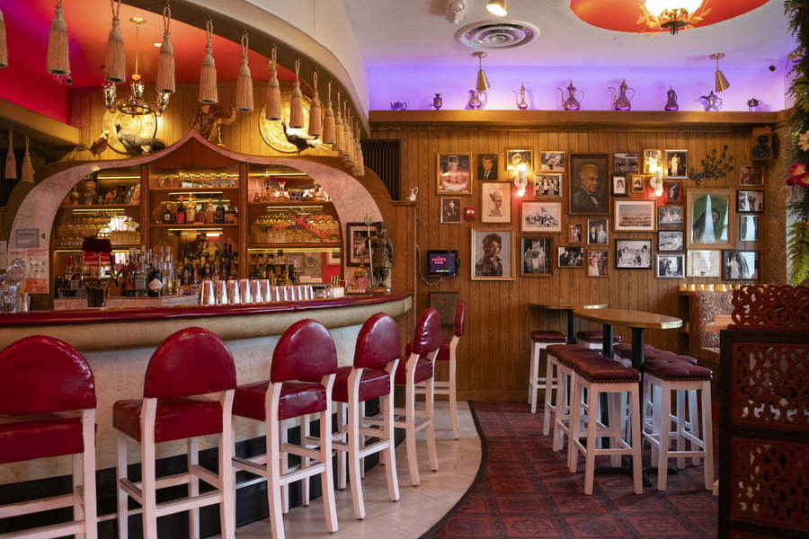 Kitschy, nostalgic feeling bar area inside the re-created Turk's Inn supper club.