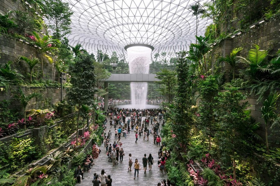 Singapore's Jewel Changi Airport boasts a giant indoor waterfall at its center. 
