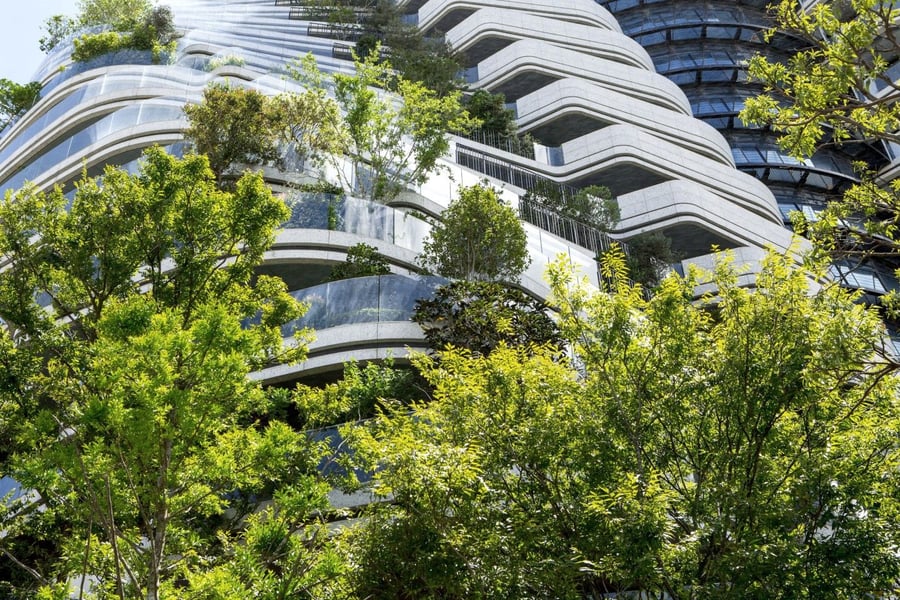 Close-up of the twisting Vincent Callebaut-designed Agora Garden Tower in Taipei, Taiwan. 