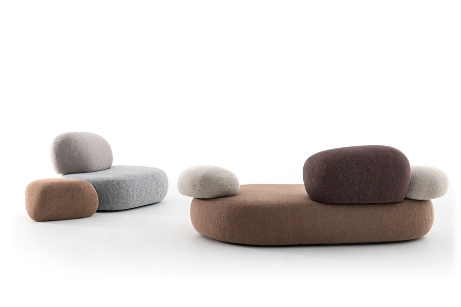 Brown and gray sofa modules from Pebble Rubble resemble stones and boulders. 