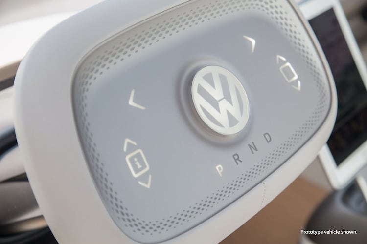View of the futuristic steering wheel inside the upcoming electric Volkswagen I.D. Buzz.