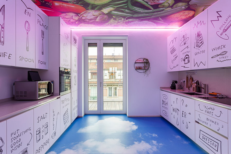 Aesthetically pleasing murals adorn the Defhouse kitchen's floor and ceiling.