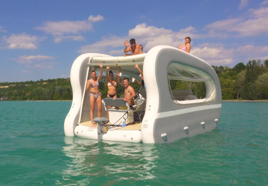 Group of friends takes their Portless Catamaran out on the water for a day of fun.