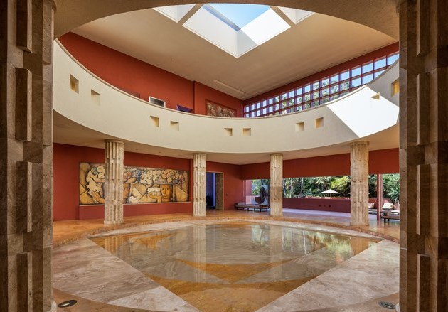 The spacious marble atrium of the LA Legorreta mansion.