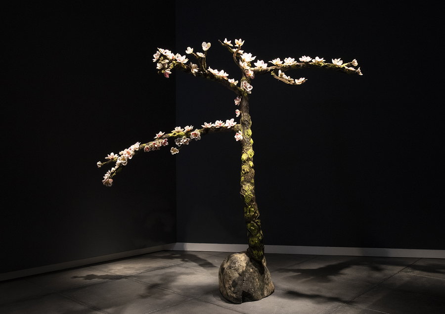 A beautiful blown-glass Magnolia tree from artist Debra Moore.