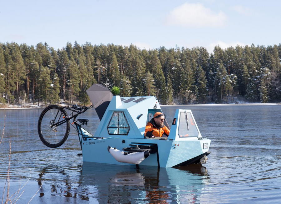 The quirky multipurpose Zeltini Z-Triton amphibious boat, tricycle, and camper.  