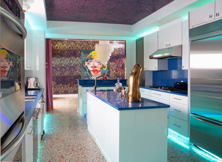 Eclectic kitchen space inside pop artist Ashley Longshore's New Orleans party home.