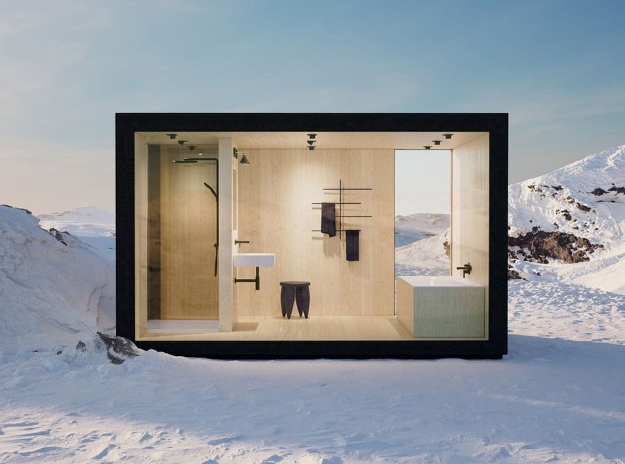 Bette-designed bathroom envisioned on the snowy peak of Mount Fuji, as featured in the company's new BettePlaces campaign.