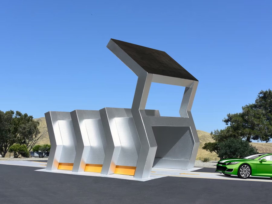 Angular Silver Solar Charging Station for EVs, conceptualized by Michael Jantzen.
