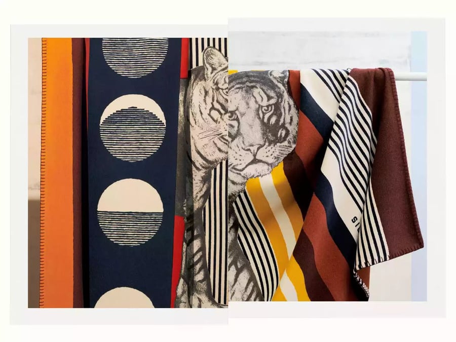 Graphic textiles featured in Hermès 2021 Milan Design Week display. 