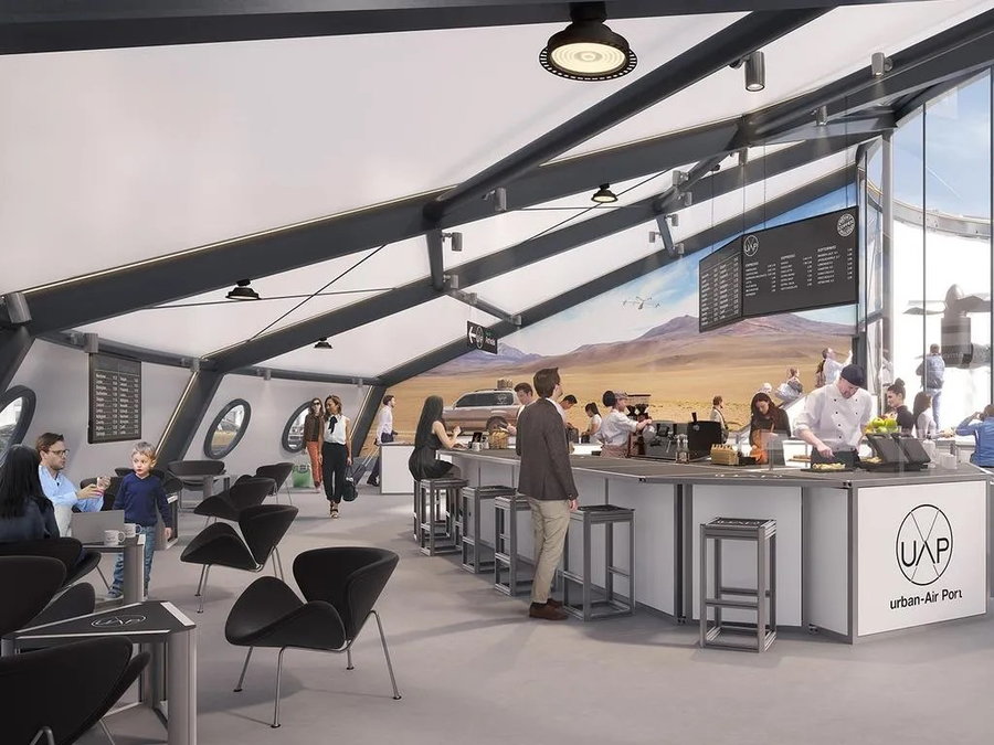 Café space inside the UK's forward-thinking Air-One airport for eVOTL vehicles.