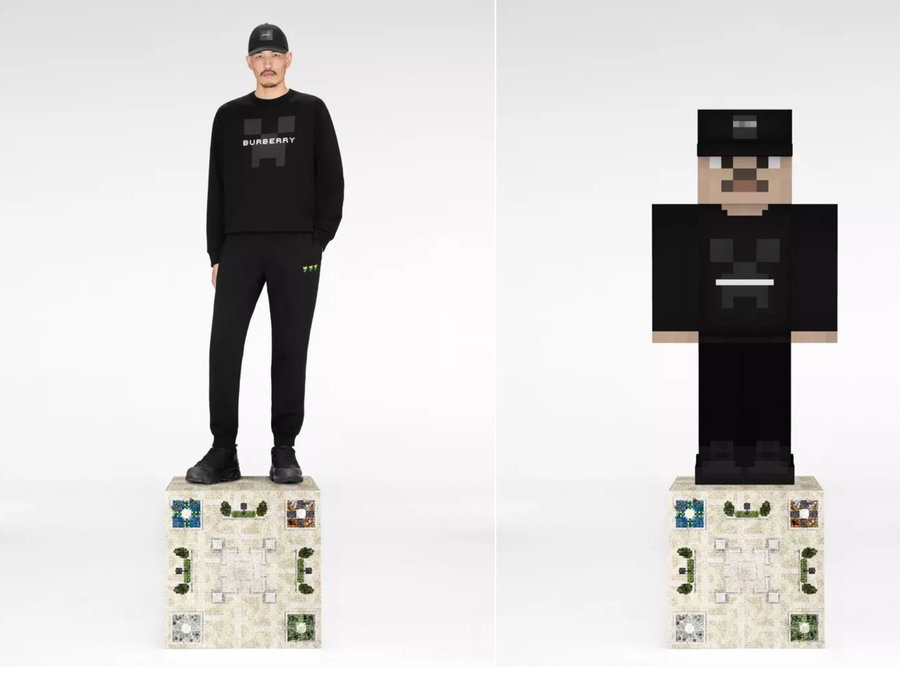 Real-life and digital models sport a black sweater featured in the new Burberry x Minecraft fashion collection.  