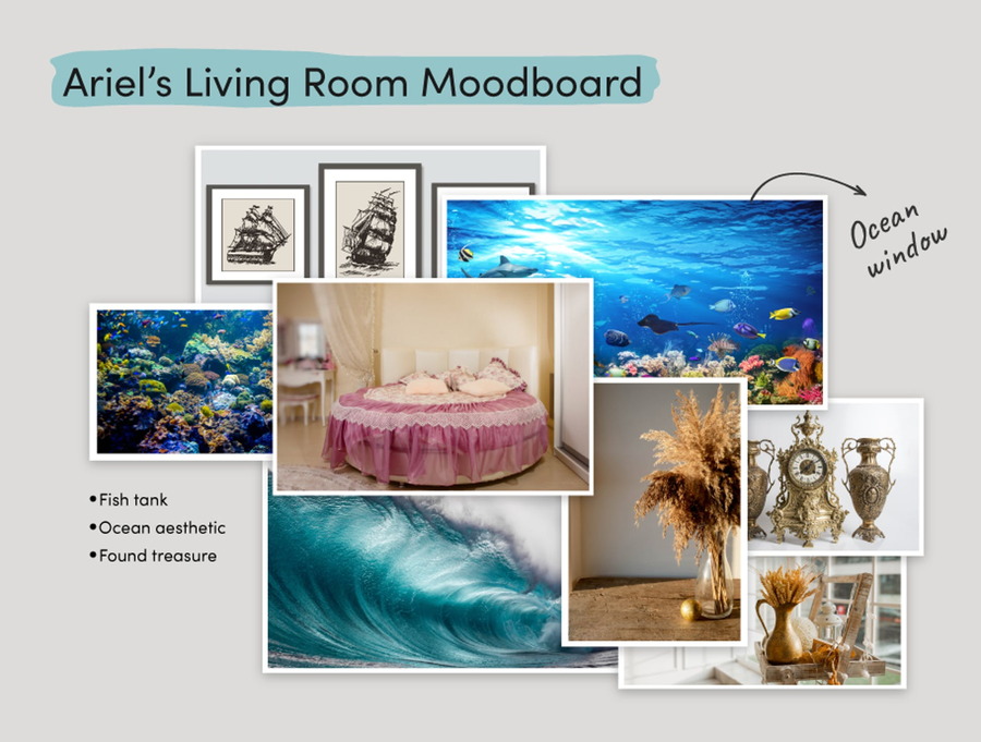 Moodboard the money.co.uk team used to assemble the perfect pieces for Princess Ariel's fantasy living room. 