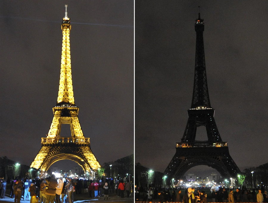 Side-by-side images show what the Eiffel Tower looks like at night with lights on and off. 