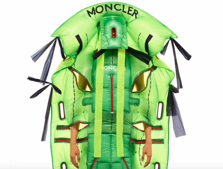A lime green conceptual puffer jacket from Craig Green and Moncler. 