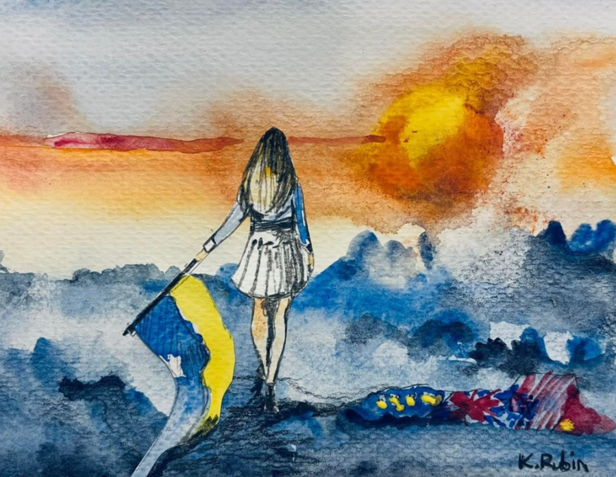 Watercolor painting by artist Kasia Rubin depicts a woman holding the Ukrainian flag at sunrise.
