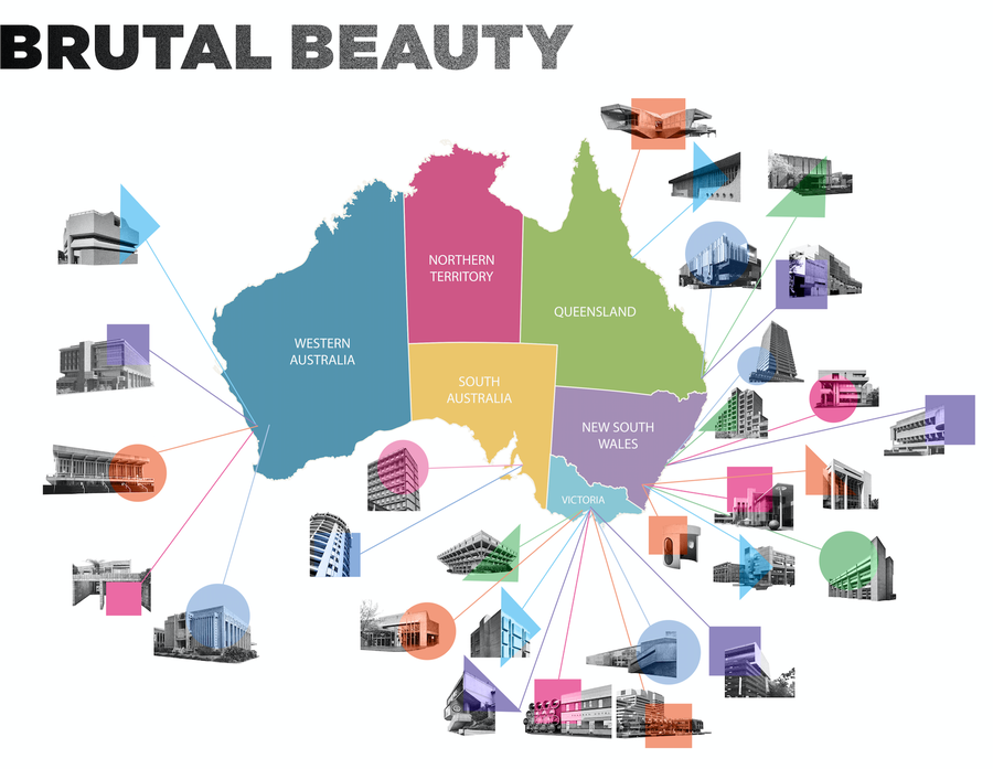 Graphic shows all 29 of the architectural icons featured in Budget Direct Travel Insurance's tribute to Australian Brutalism,