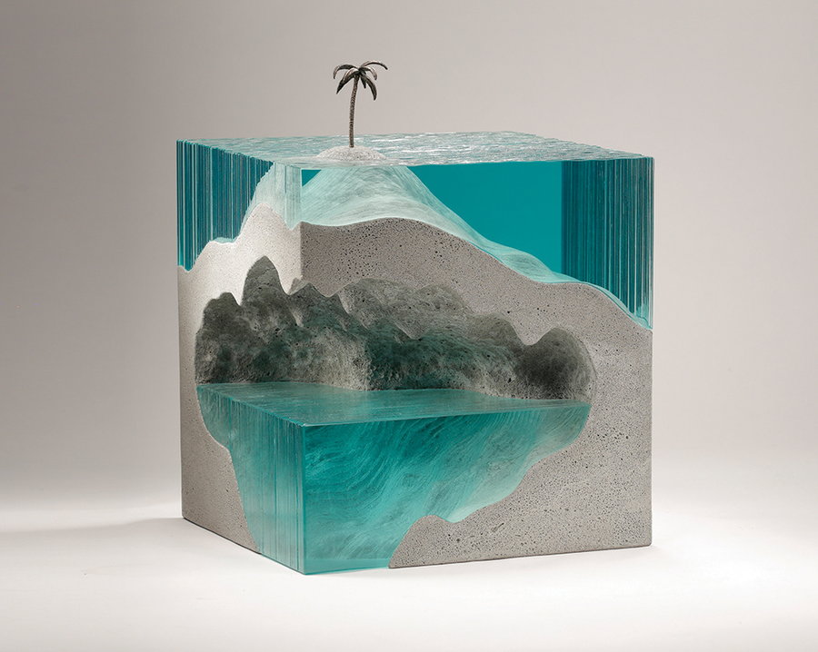 A breathtaking glass sculpture by Australian artist Ben Young, depicting a mysterious cloud of water beneath a small island.
