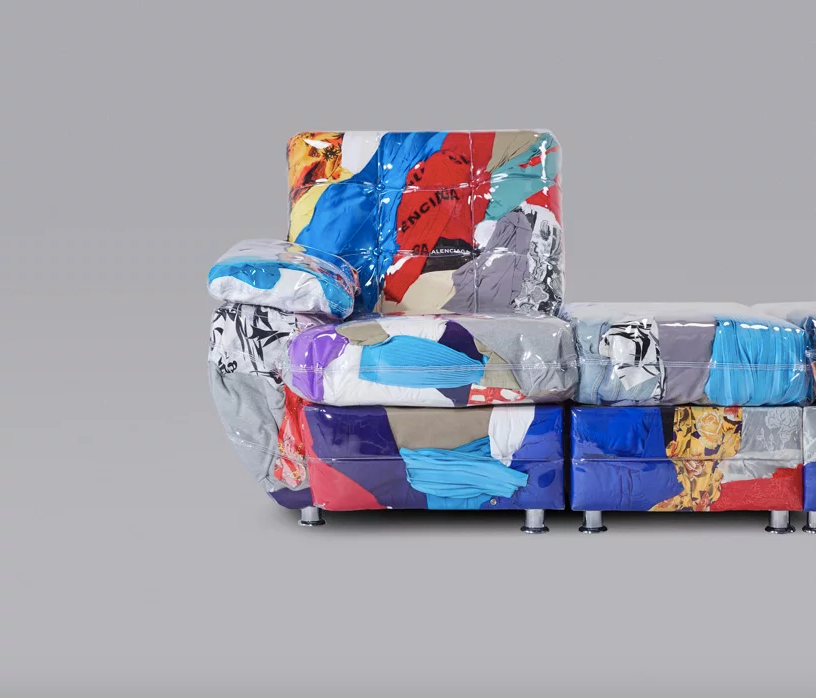 A colorful couch made from scrapped Balenciaga garments, designed by Harry Nuriev.